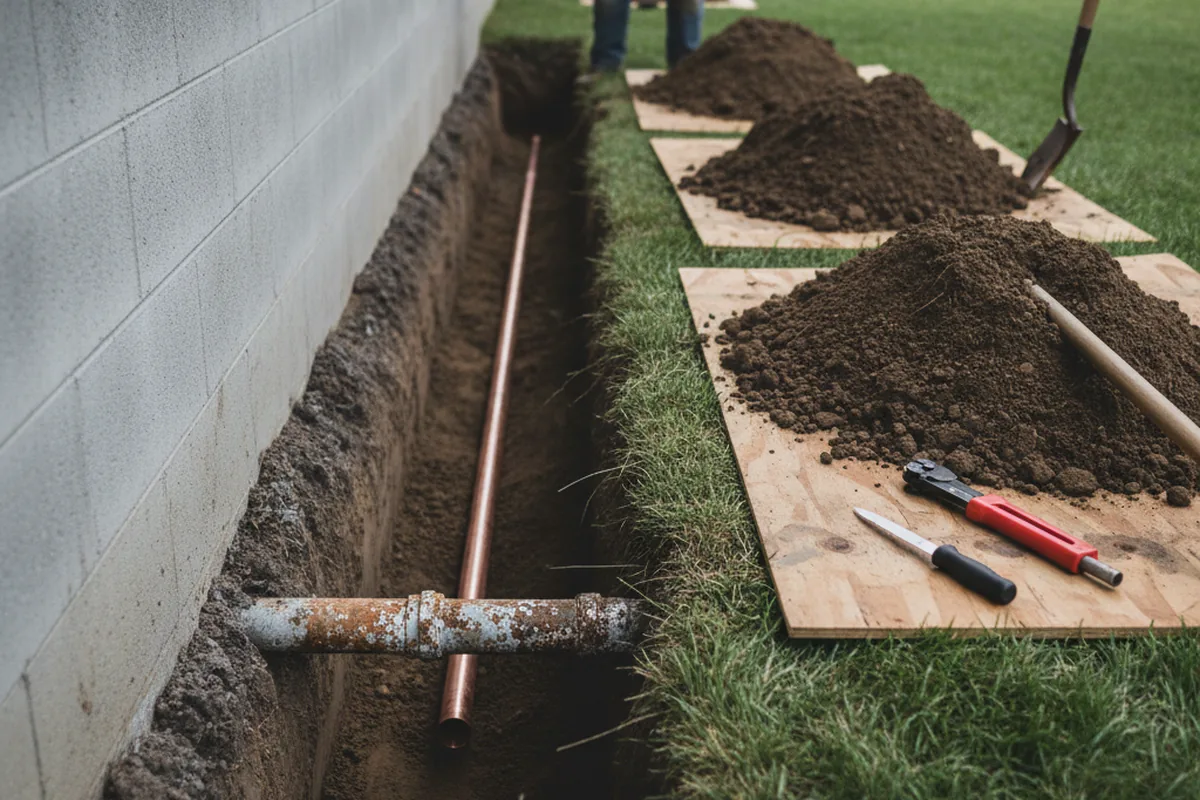 Excavated water line trench during Water Heater Repair in Lawnside